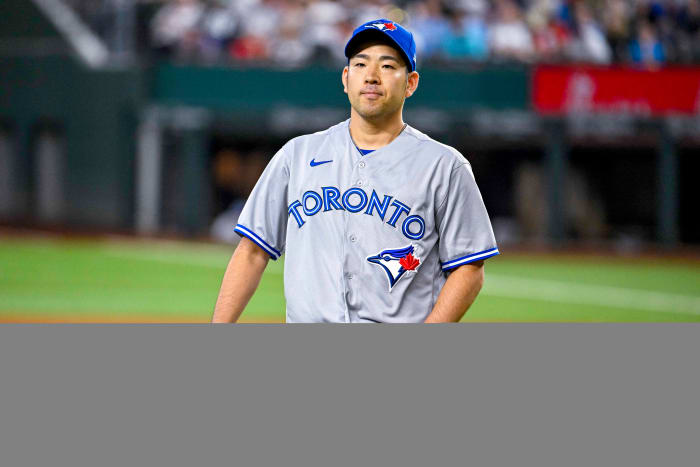 Sep 11, 2022; Arlington, Texas, USA; Toronto Blue Jays starting pitcher Yusei Kikuchi (16) in action during the game between the Texas Rangers and the Toronto Blue Jays at Globe Life Field.